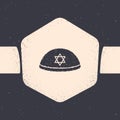 Grunge Jewish kippah with star of david icon isolated on grey background. Jewish yarmulke hat. Monochrome vintage