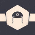 Grunge Jewish kippah with star of david and sidelocks icon isolated on grey background. Jewish yarmulke hat. Monochrome