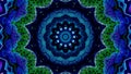 Grunge kaleidoscope mandala in hypnotic rotation. Motion. Beautiful bright fractal ornament, seamless loop.