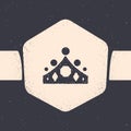 Grunge King crown icon isolated on grey background. Monochrome vintage drawing. Vector