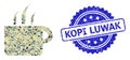 Grunge Kopi Luwak Seal and Military Camouflage Collage of Aroma Cup