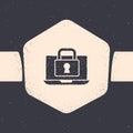 Grunge Laptop and lock icon isolated on grey background. Computer and padlock. Security, safety, protection concept