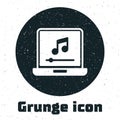 Grunge Laptop with music note symbol on screen icon isolated on white background. Monochrome vintage drawing. Vector
