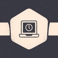 Grunge Laptop time icon isolated on grey background. Computer notebook with empty screen sign. Monochrome vintage
