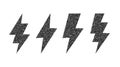 Grunge lightning bolt set. Black noise texture thunderbolt collection. Stipple flash symbols. Dotted grain lightning