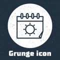 Grunge line Calendar and sun icon isolated on grey background. Event reminder symbol. Monochrome vintage drawing. Vector