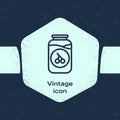 Grunge line Cherry jam jar icon isolated on blue background. Monochrome vintage drawing. Vector Royalty Free Stock Photo