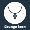 Grunge line Christian cross on chain icon isolated on grey background. Church cross. Monochrome vintage drawing. Vector Royalty Free Stock Photo