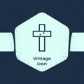 Grunge line Christian cross icon isolated on blue background. Church cross. Monochrome vintage drawing. Vector Royalty Free Stock Photo