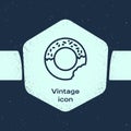 Grunge line Donut with sweet glaze icon isolated on blue background. Monochrome vintage drawing. Vector