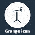 Grunge line Microphone with stand icon isolated on grey background. Monochrome vintage drawing. Vector