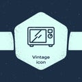 Grunge line Microwave oven icon isolated on blue background. Home appliances icon. Monochrome vintage drawing. Vector