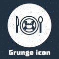 Grunge line Served crab on a plate icon isolated on grey background. Monochrome vintage drawing. Vector.