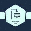 Grunge line Shower head with water drops flowing icon isolated on blue background. Monochrome vintage drawing. Vector