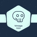 Grunge line Skull icon isolated on blue background. Monochrome vintage drawing. Vector.