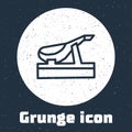 Grunge line Spanish jamon on the wooden jamonera icon isolated on grey background. Monochrome vintage drawing. Vector