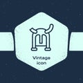 Grunge line Viking in horned helmet icon isolated on blue background. Monochrome vintage drawing. Vector