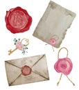 Watercolor vintage mail envelope, letter with red and pink wax seal isolated on white. Old valentine letter and key with flowers. Royalty Free Stock Photo