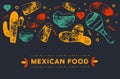 Grunge Mexican Food Restaurant menu, template design with sketch icons of Chili pepper, sombrero, tacos, nacho, burrito Royalty Free Stock Photo