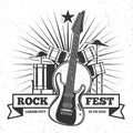 Grunge monochrome rock festival poster design. Hipster music vector emblem Royalty Free Stock Photo