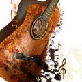 Grunge music background with classic guitar and notes