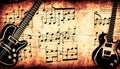 Grunge Music. Grunge background with music sheets and guitar Royalty Free Stock Photo