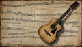 Grunge Music. Grunge background with music sheets and guitar Royalty Free Stock Photo