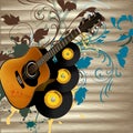 Grunge music vector background with guitar and notes on wooden Royalty Free Stock Photo