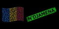 Grunge N'Djamena Seal and Bright Polygonal Net Waving Chad Flag with Light Spots