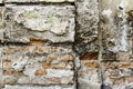 Grunge old bricklaying wall fragment from red bricks and damaged plaster background texture. Close-up Royalty Free Stock Photo