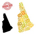 Textured Opening Soon Seal with Money and BTC Golden Mosaic Map of New Hampshire State