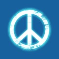 Grunge peace symbol with a blue neon glow, vintage design