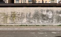 Grunge plaster wall with moss and stains. Sidewalk and asphalt road in front.