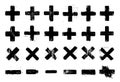 Grunge plus minus signs. Mathematics elements, ink drawing cross marks. Symbols of addition, subtraction, multiplication