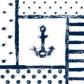 Grunge printed anchor silhouette in a patterned frame, marine vector illustration Royalty Free Stock Photo