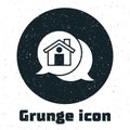 Grunge Real estate message house in speech bubble icon isolated on white background. Monochrome vintage drawing. Vector