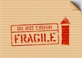 Grunge red cargo vector box signs Fragile, arrow up, do not crush