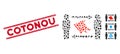 Grunge Cotonou Line Stamp with Mosaic Men Dog Exchange Icon