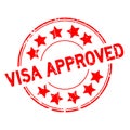 Grunge red visa approved with star icon round rubber stamp on white background