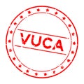 Grunge red vuca abbreviation of Volatility, uncertainty, complexity and ambiguity word round rubber stamp on white