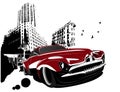 Grunge retro classic car building city Royalty Free Stock Photo