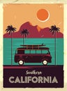 Grunge retro metal sign with palm trees and van. Surfing in California. Vintage advertising poster. Old fashioned design Royalty Free Stock Photo