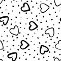 Grunge romantic hearts seamless pattern. Love heart scribbles dots textures, marker or brush drawing art background