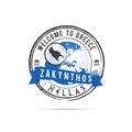 Grunge rubber stamp with blue ribbon and Greek island Zakynthos