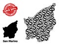 Grunge Save 50 percent Badge and San Marino Map Collage of Dollar Symbol Icons