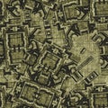 Grunge sepia random geometric dyed seamless texture material. Irregular messy architecture plan style grunge pattern