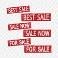 Grunge set red best Sale, Sale now, foer sale square rubber seal stamp on transparent background. Retro Icon for design