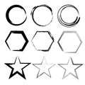 Grunge shapes. Star, circle, hexagon. Set of Hand Drawn , vector design elements