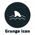 Grunge Shark fin in ocean wave icon isolated on white background. Monochrome vintage drawing. Vector