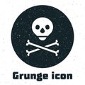 Grunge Skull on crossbones icon isolated on white background. Happy Halloween party. Monochrome vintage drawing. Vector Royalty Free Stock Photo